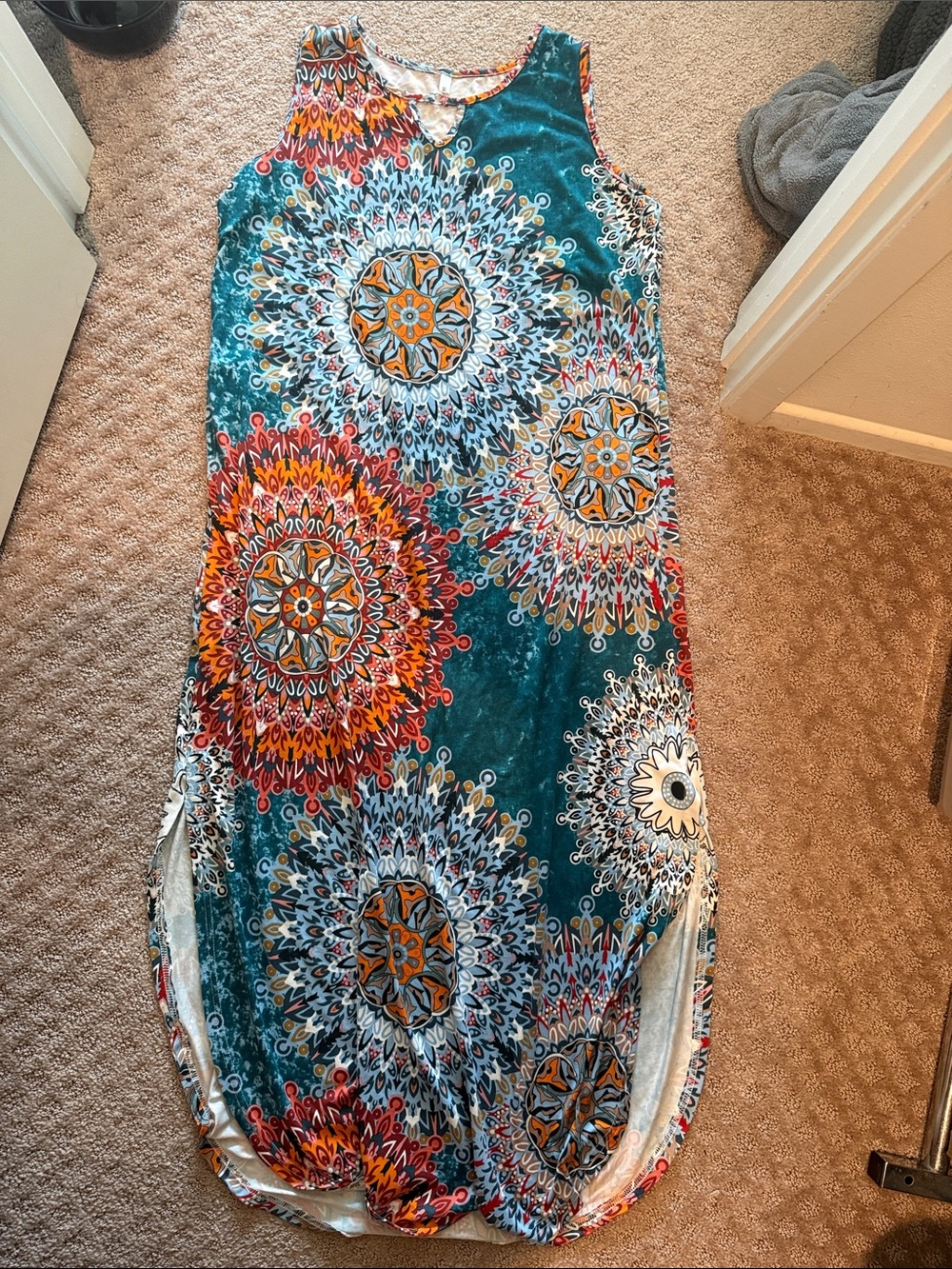 Sleeveless Teal Maxi Dress with Bold Mandala Print